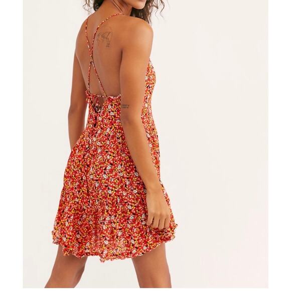 Intimately By Free People Women's Red Floral Tie Back Mini Dress Size M - Picture 2 of 10
